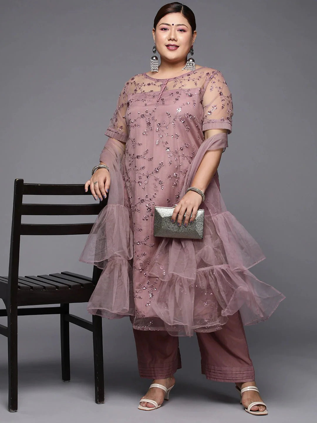 Women Plus Size Mauve Floral Sequinned Kurta with Palazzos & Dupatta - Inddus.com