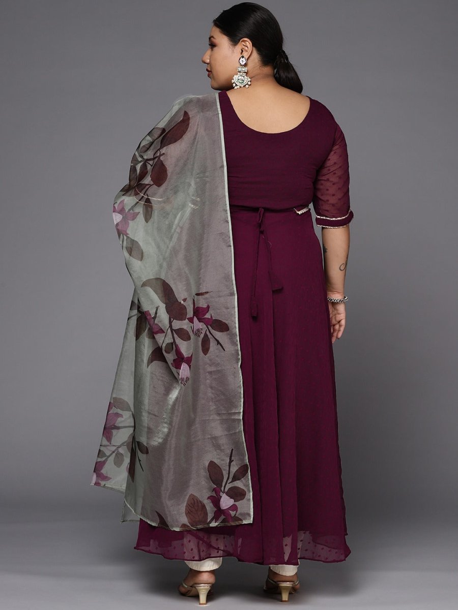 Women Wine Self Design Anarkali Kurta with Printed Organza Dupatta - Inddus.com