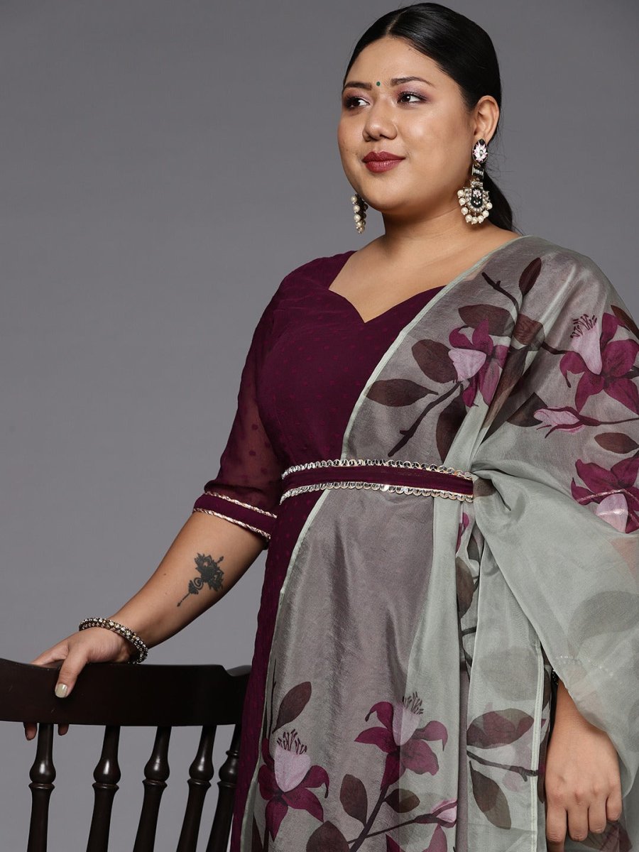 Women Wine Self Design Anarkali Kurta with Printed Organza Dupatta - Inddus.com