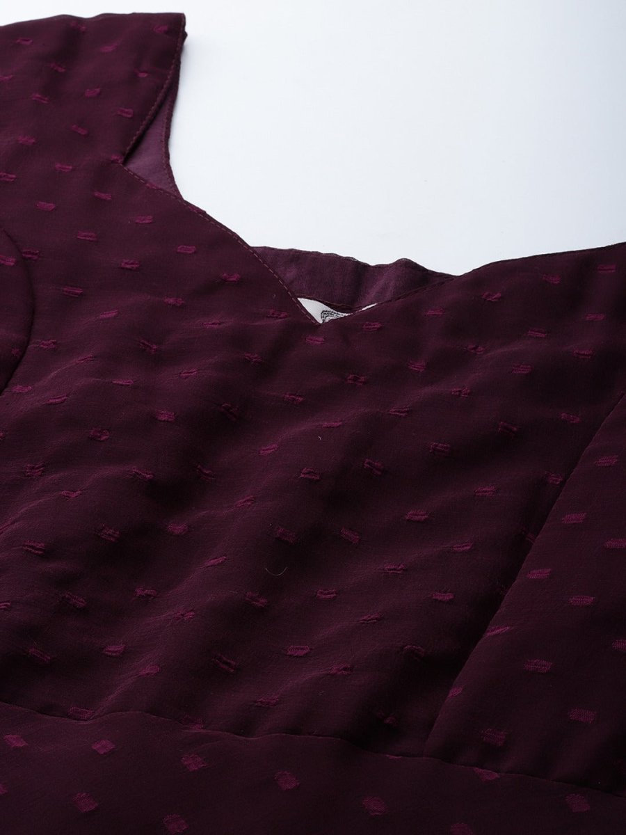 Women Wine Self Design Anarkali Kurta with Printed Organza Dupatta - Inddus.com