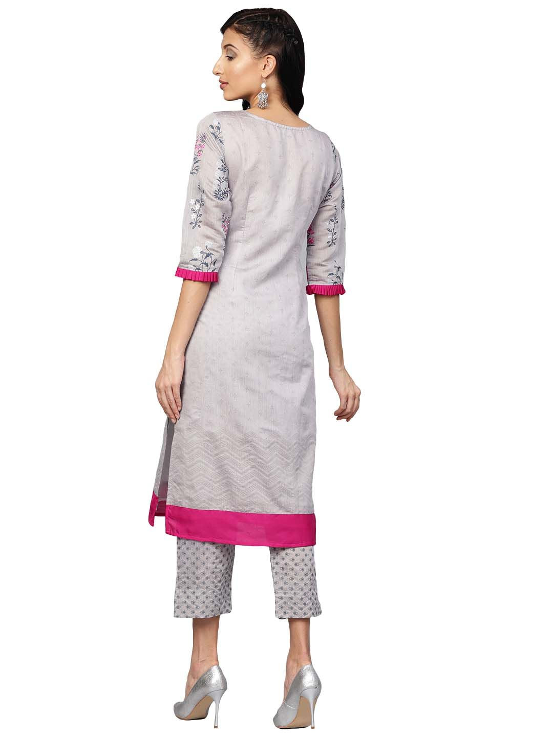 Grey Chanderi Silk Printed Kurta Pant Set