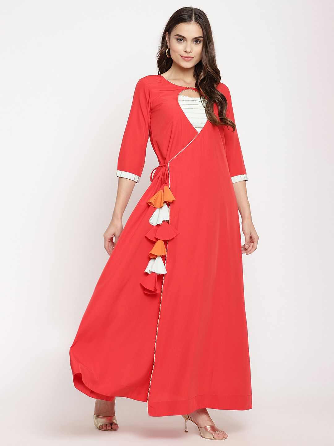 Red Crepe Solid Kurta With Printed Dupatta