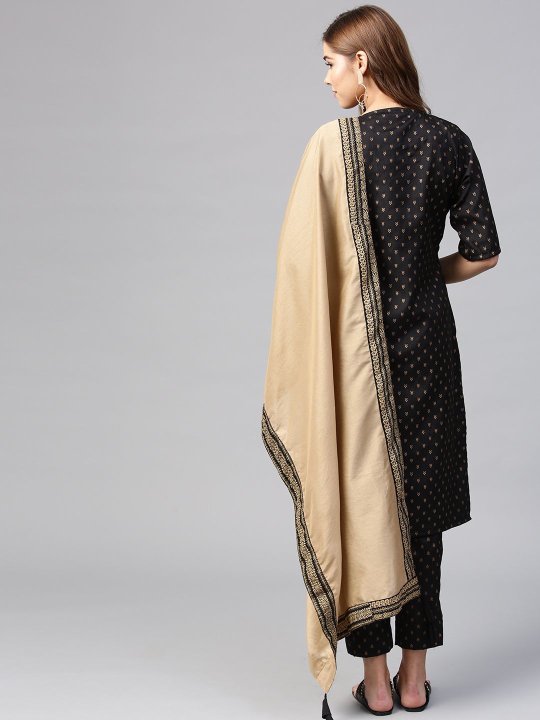 Black Poly Silk Printed Kurta Pant With Dupatta