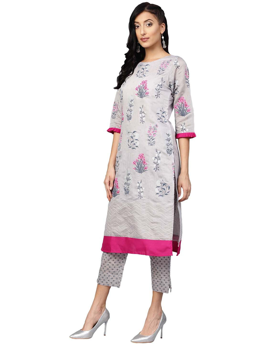 Grey Chanderi Silk Printed Kurta Pant Set
