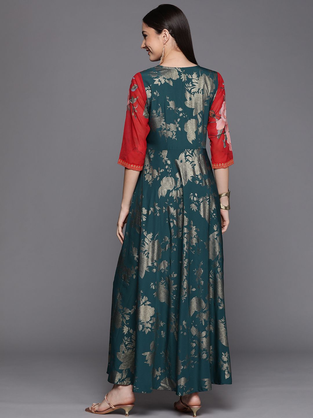 Green & Gold Printed Layered Dress