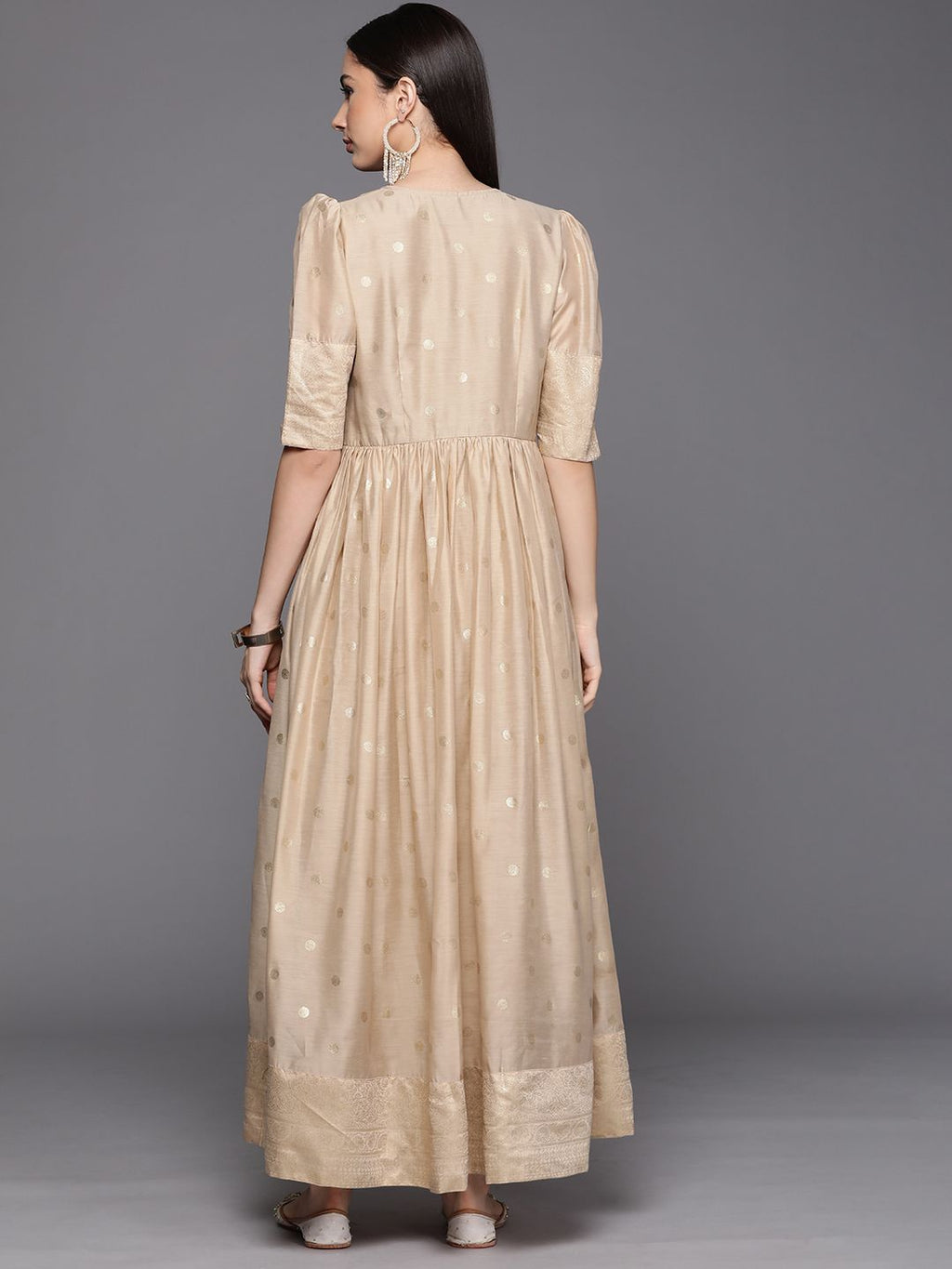 Beige Chanderi Gold Foil Print Dress-AH