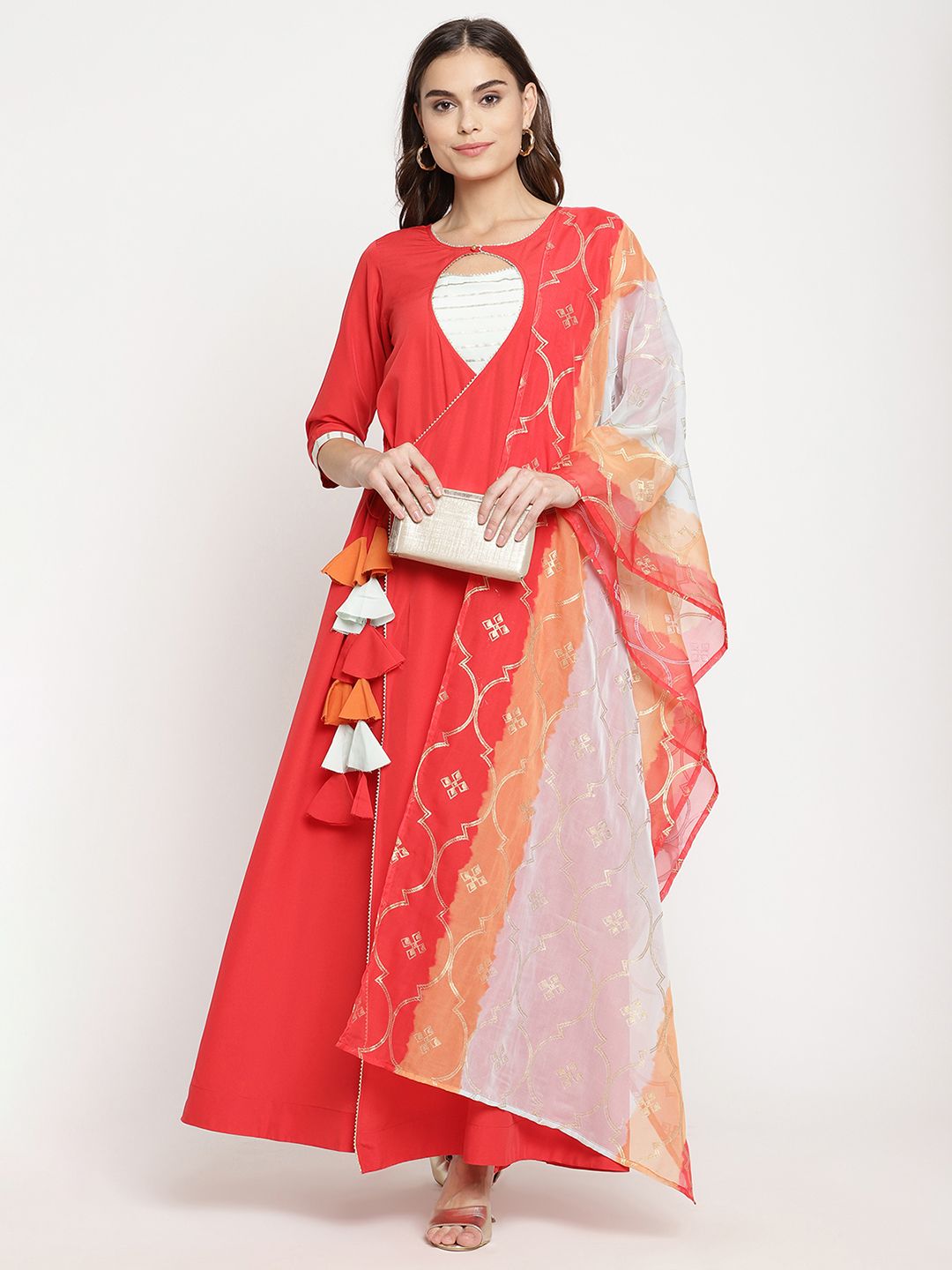 Red Crepe Solid Kurta With Printed Dupatta