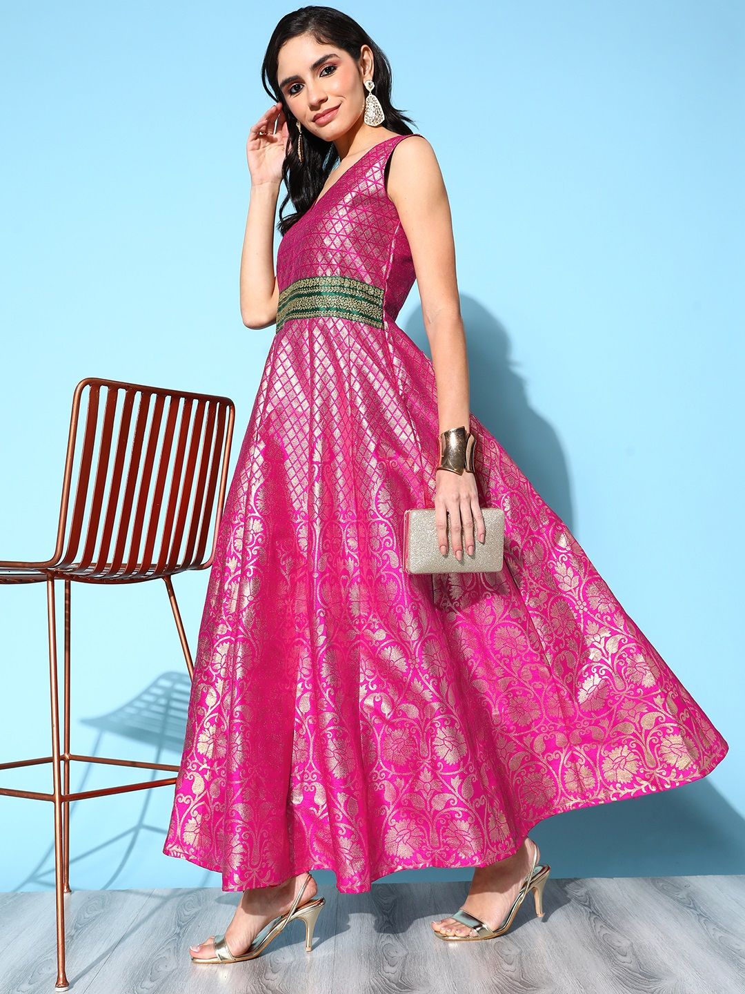 Pink Poly Silk Gold Foil Printed Dress