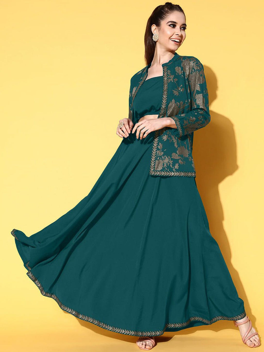 Printed Top & Jacket With Skirt-AH