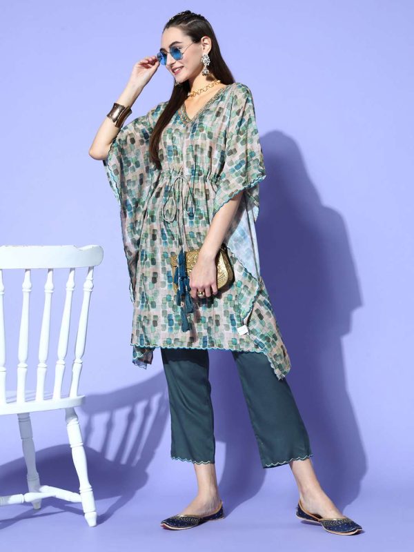 Women Green Embroidered Kaftan SetsWomen Green Embroidered Kaftan Sets