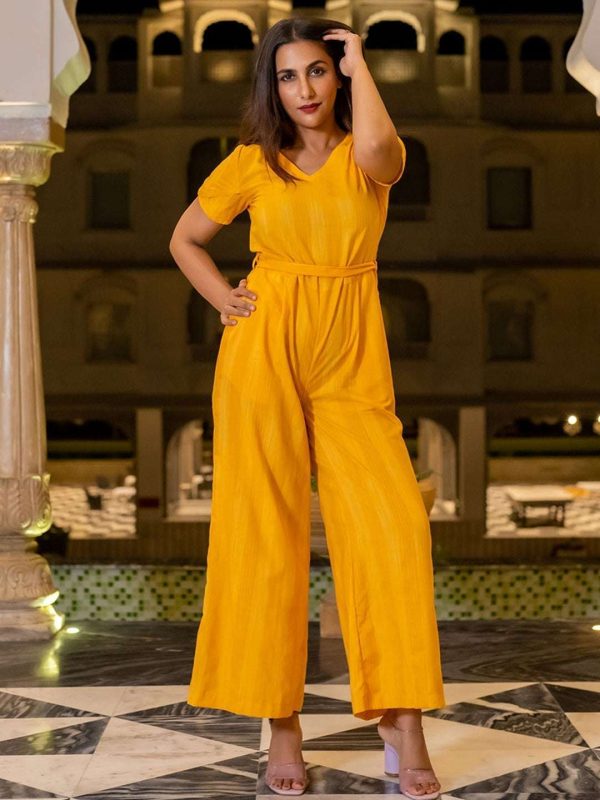 Women Yellow Casual Cotton Jumpsuit