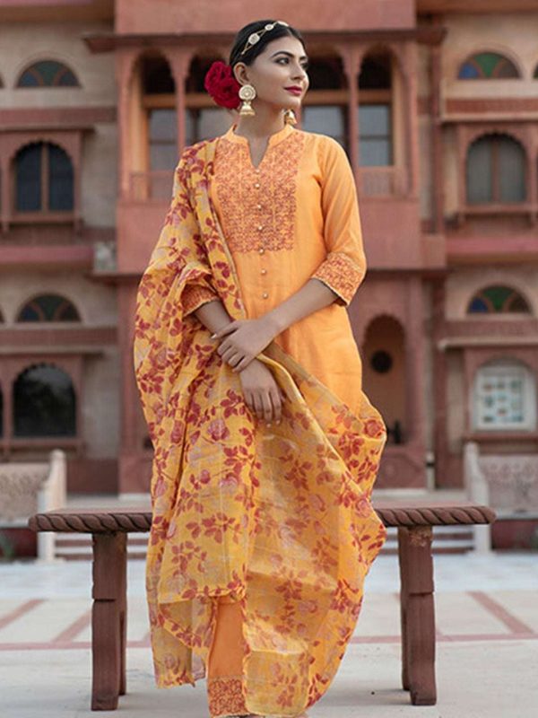 Women Yellow Chanderi Kurta With Palazzo